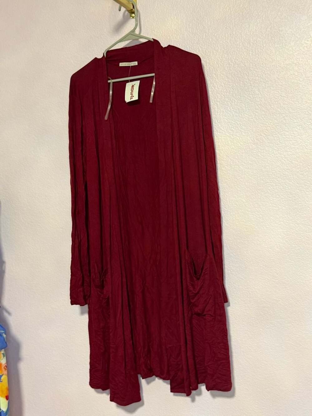 Active USA Long Open Front Cardigan Size X-Large Burgundy Pockets